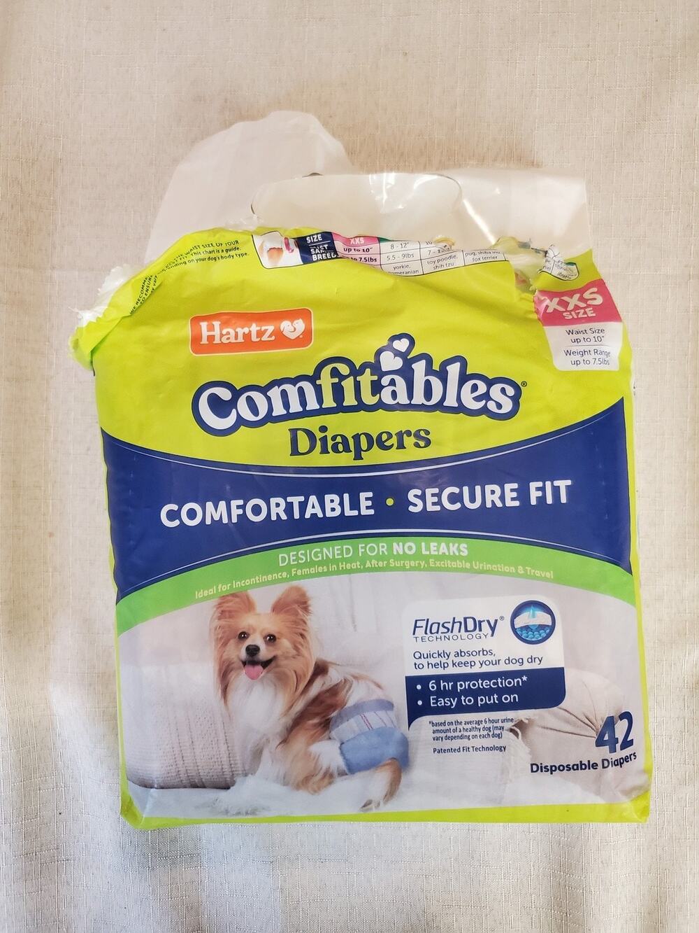 Hartz ComfiTables Diapers Dog XXS 42 Count FlashDRY No Leaks Disposable